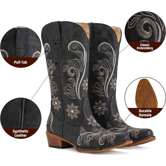 ⭐ IUV Women's Embroidered Cowboy Boots - Mid Calf Western Cowgirl Snip Toe Boots - Picture 3 of 6